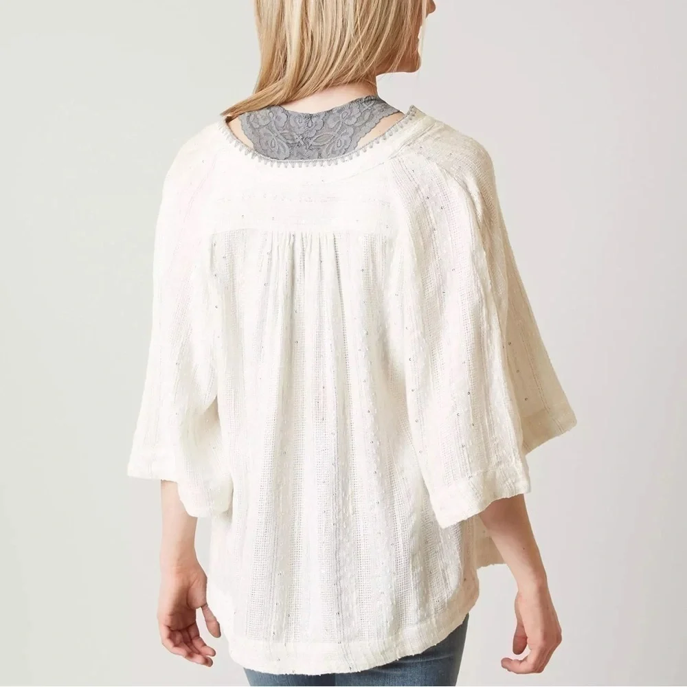 Free People Get Over It Top Bell Sleeve Sequins Metallic Boho Ivory blouse Small